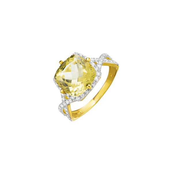 Bague Or 375 Millièmes Rhodié, Quartz Lemon* Et Oxydes De Zirconium