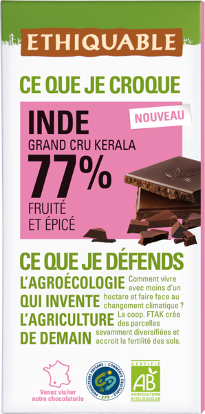 Tablette De Chocolat Noir Bio 77% Fruité Et Épicé D'inde Etiquable